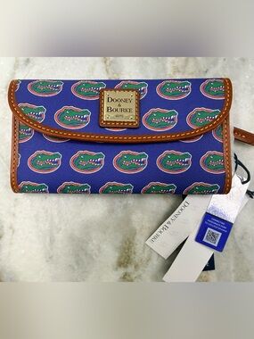 NWT Dooney & Bourke Royal Blue Gators Logo Wallet with Tan Trim